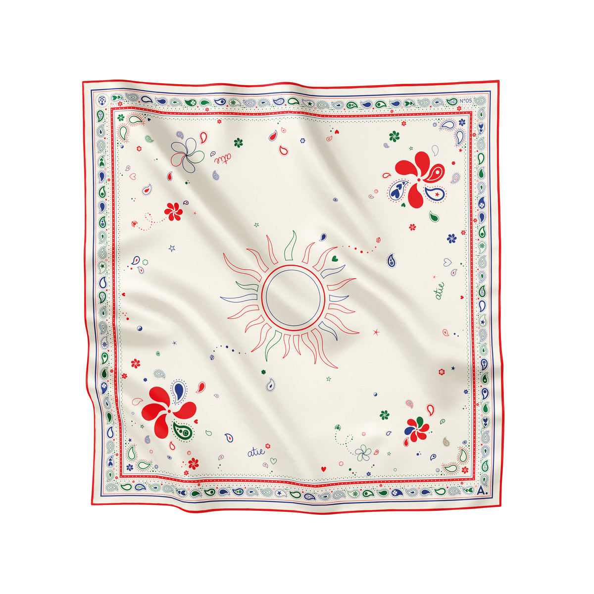Seidentuch Paisley N°05 Little Off-White / Rot / Grün / Blau